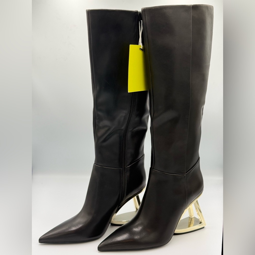 Gianni Bini Black Leather Boots with Gold Cutout Heel